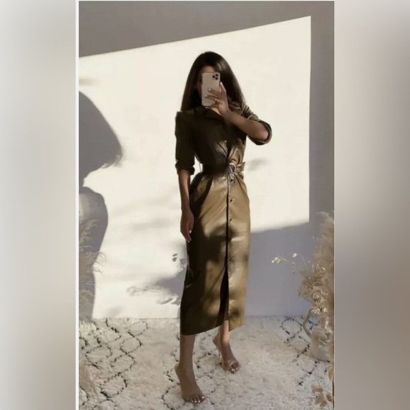 ZARA - Faux Leather Maxi Shirt Dress w Belt - Picture 5 of 16
